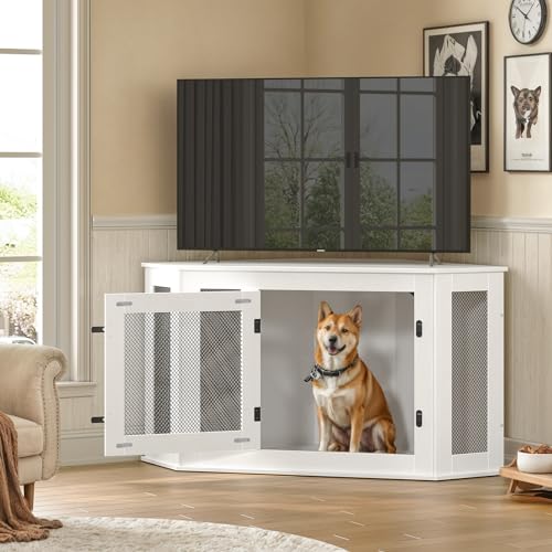 Corner Dog Crate Furniture Wooden Kennel End Table for Small Medium Dogs Greige and Black V3428