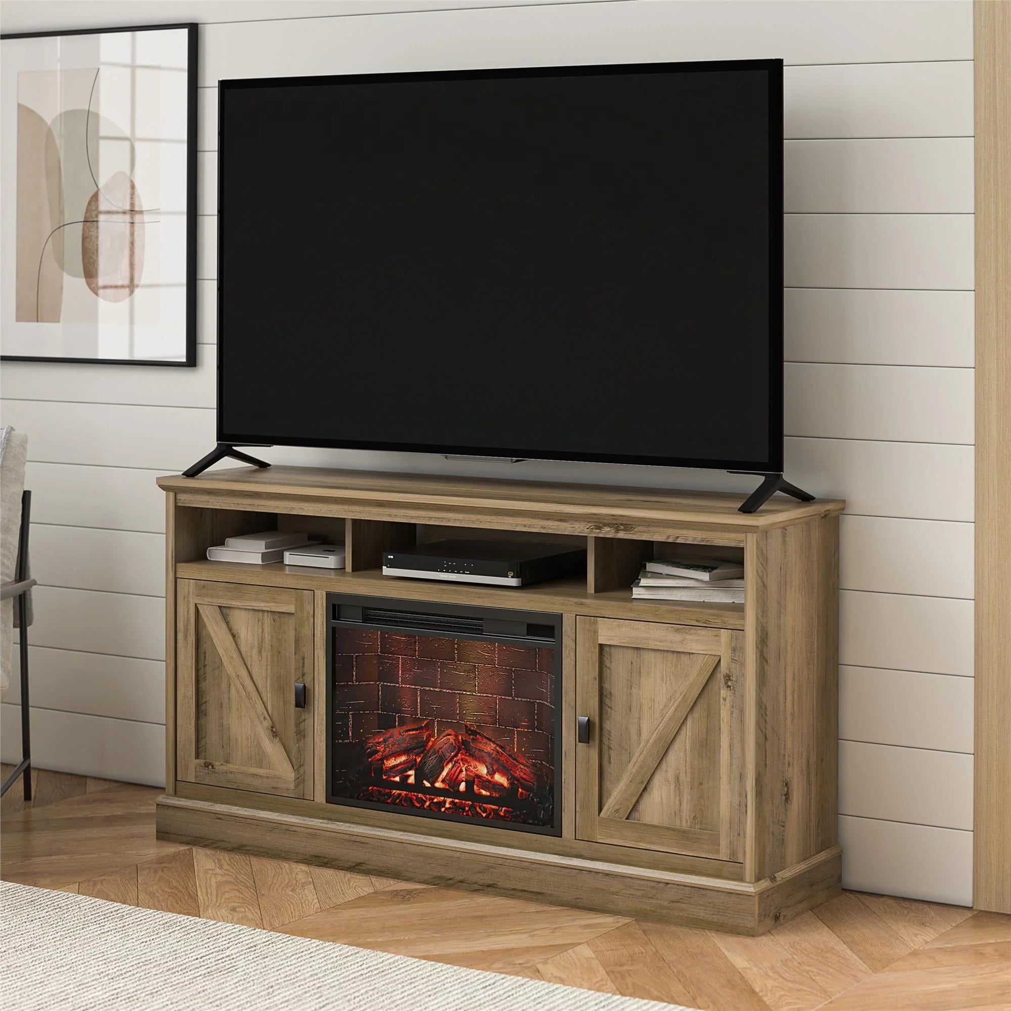 Ameriwood Home Ashton Lane Electric Fireplace TV Stand for TVs up to 65, Black Oak D206311
