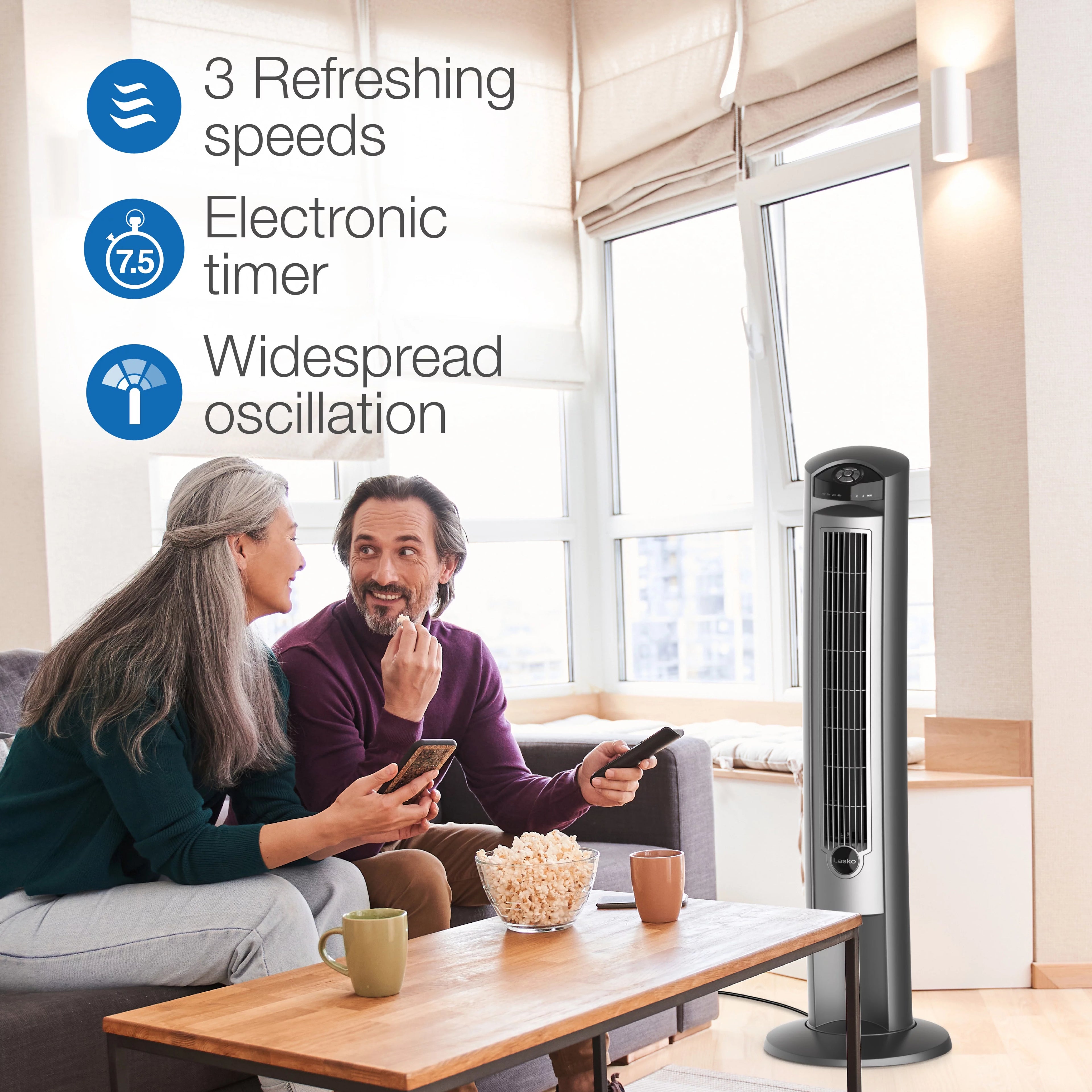 Lasko 42 Wind Curve Tower Fan with Ionizer and Remote, Gray/Woodgrain C6204