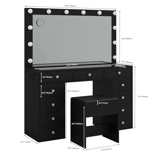 Vanity Desk with Power Outlet, LED Mirror, 11 Drawers and Chair, White H391193
