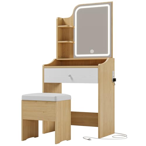 LIKIMIO Small Makeup Vanity Desk with Mirror and Lights, White S9485
