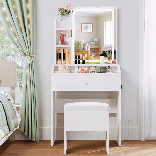 LIKIMIO Small Makeup Vanity Desk with Mirror and Lights, White S9485