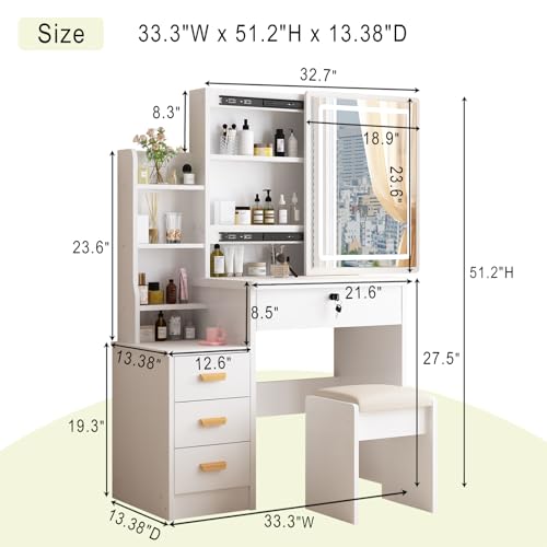 Vanity Desk with Mirror and Lights, 3 Lighting Modes, White T175312
