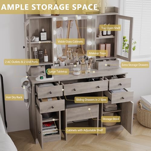 White Makeup Vanity Desk with Mirror, Lights, Storage Drawers & Chair D627