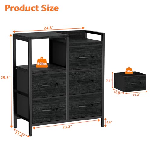 Furnulem 5 Drawer Black Fabric Dresser for Bedroom with Metal Frame D6974