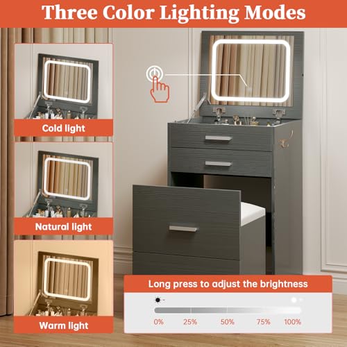 Compact Vanity with 3 Drawers, Makeup Desk with Lighted Mirror and Stool, White P76418