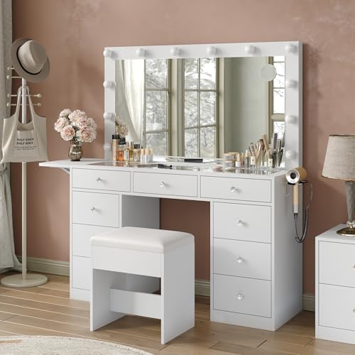 55" Vanity Desk with Charging Station and Lighted Mirror, Black Z765