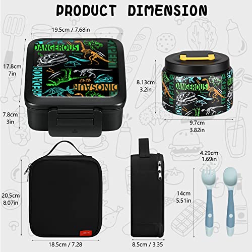Bento Lunch Box for Kids with 5 Compartments and Thermos, Blue Dinosaur G749