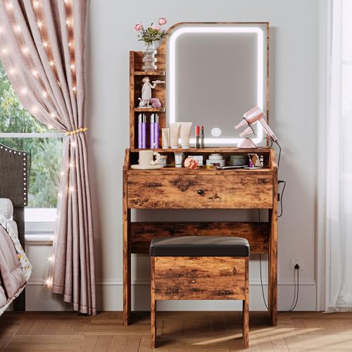LIKIMIO Small Makeup Vanity Desk with Mirror and Lights, White S9485