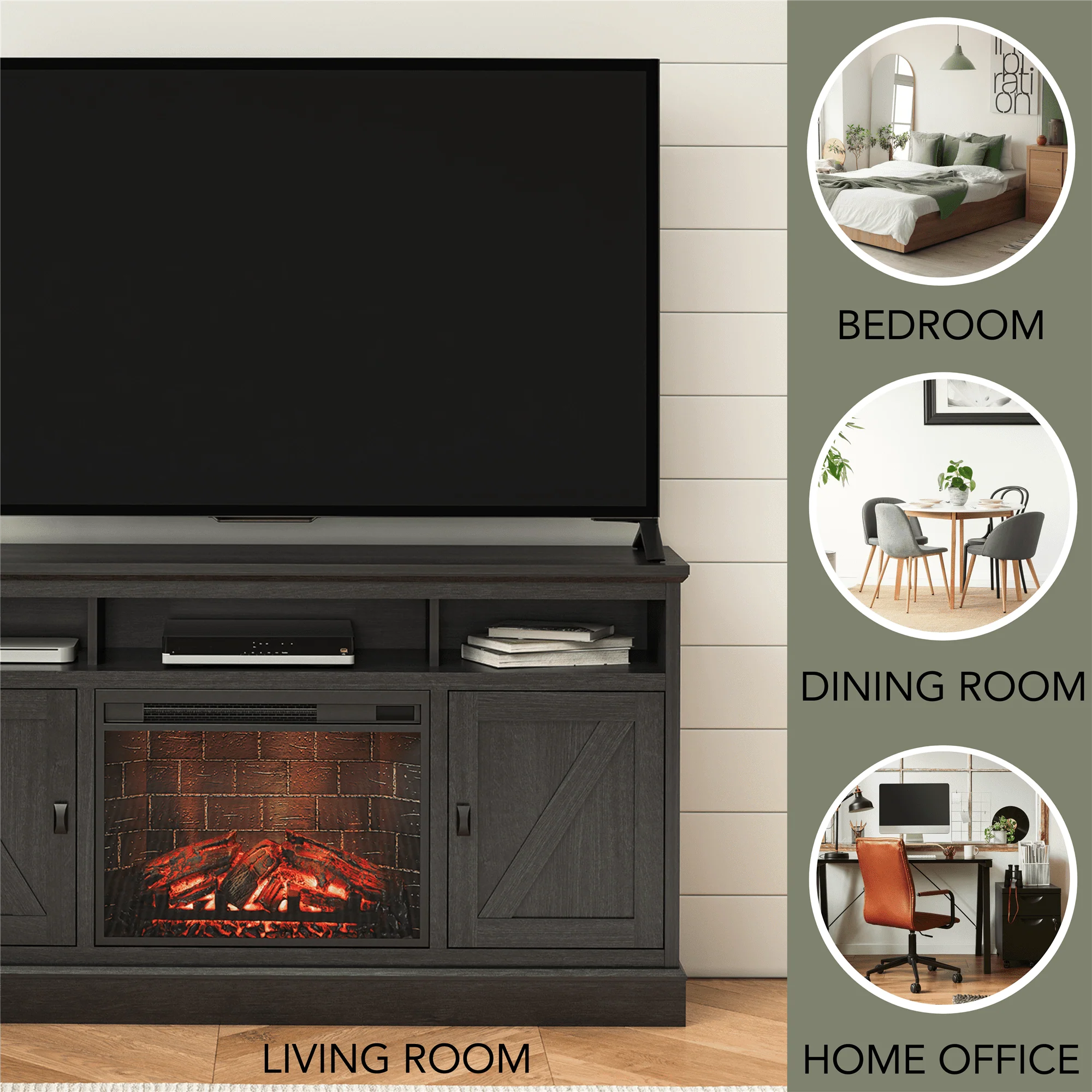 Ameriwood Home Ashton Lane Electric Fireplace TV Stand for TVs up to 65, Black Oak D206311
