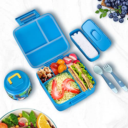 Bento Lunch Box for Kids with 5 Compartments and Thermos, Blue Dinosaur G749