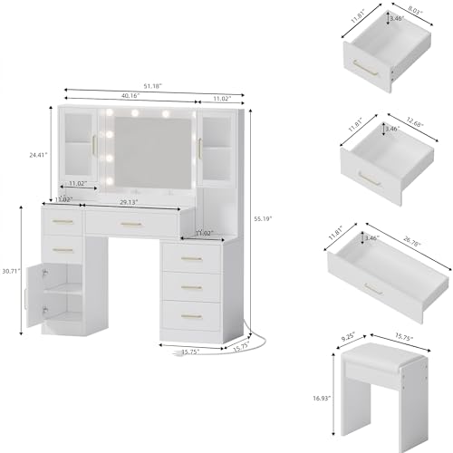 White Makeup Vanity Desk with Charging Station and Lights K58637