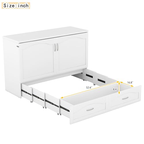 Queen Size Murphy Wall Bed with Storage and Bookcase Headboard, Solid Wood, White F901