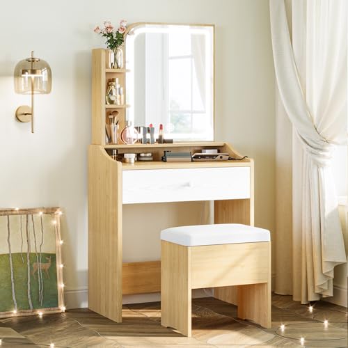 LIKIMIO Small Makeup Vanity Desk with Mirror and Lights, White S9485