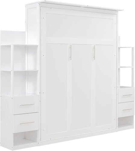 MERITLINE Queen Murphy Bed with Storage Drawers, LED Lights and Shelves, Grey P714