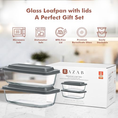 Razab Glass Loaf Pan with Lids, 7.6 Cups, Set of 2, Oven and Microwave Safe Z2943