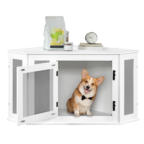 Corner Dog Crate Furniture Wooden Kennel End Table for Small Medium Dogs Greige and Black V3428