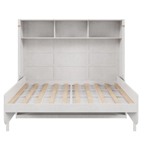 Antique White Solid Wood Full Size Murphy Bed with Desk and Storage Shelves Q958365