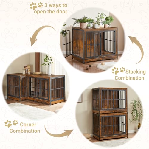 Rovibek 86" Stackable Dog Kennel Furniture with Removable Divider & 3 Doors, Rustic Brown I176