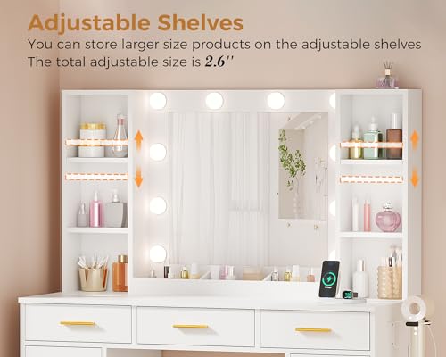 ANWBROAD White Vanity Desk with Mirror and Lights, Power Outlet, 11 Drawers, Stool G15827