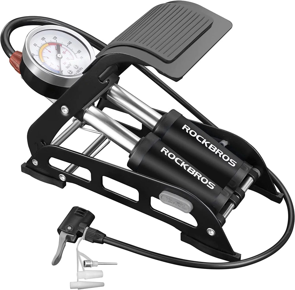 ROCKBROS Bike Foot Pump with Precision Pressure Gauge, Portable Bike Floor Pump for Tires, 160 PSI Double Cylinder Foldable Air Pump Fits Presta Schrader, Deutschland Valve for Bicycle, Scooter, Car