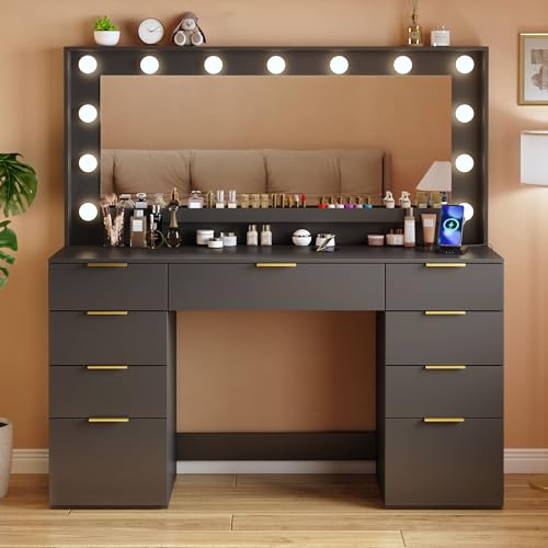 White Vanity Desk with Large Mirror and Lights I322