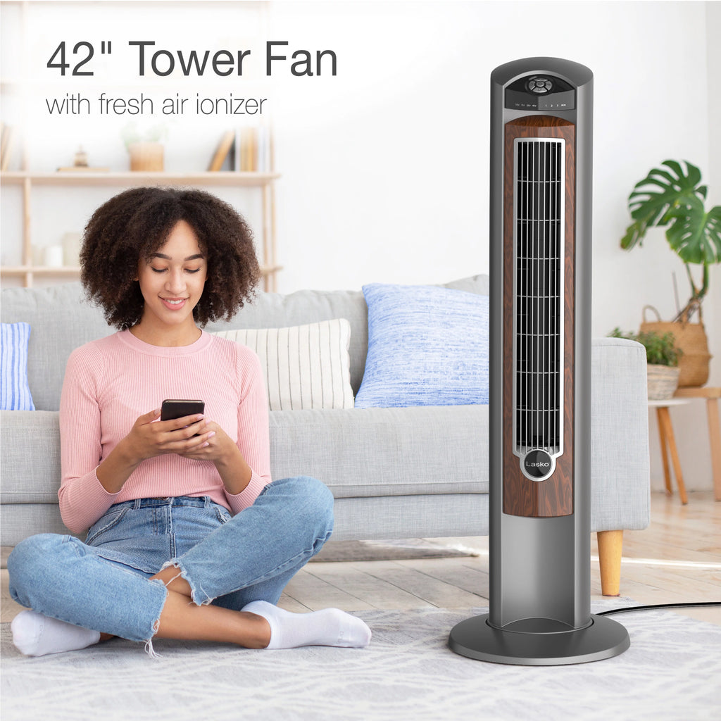 Lasko 42 Wind Curve Tower Fan with Ionizer and Remote, Gray/Woodgrain C6204