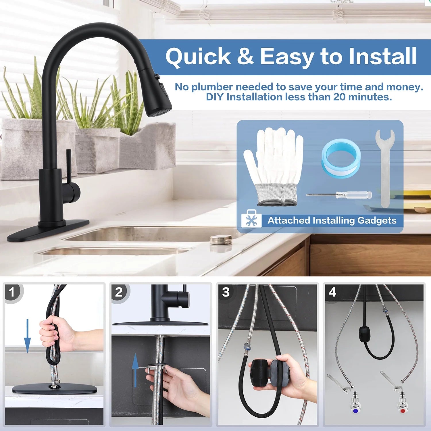 Vesteel Kitchen Sink Faucet with Pull Down Sprayer, Matte Black, Single Handle A936