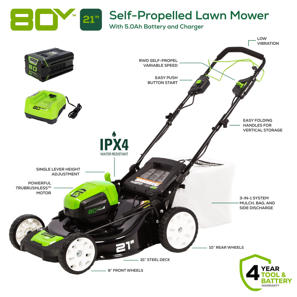 Greenworks 80V 21 Self Propelled Mower with 5Ah Battery & Charger L891