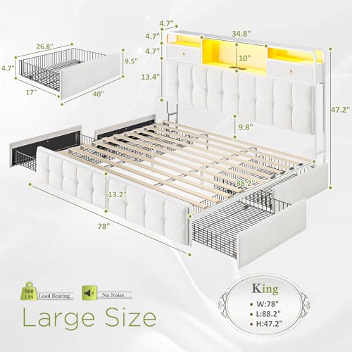 EnHomee King Size Bed Frame with 4 Drawers, Headboard, Charging Station and LED Lights, Grey I310