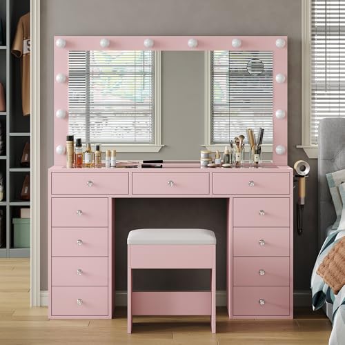 Vanity Desk with Power Outlet, LED Mirror, 11 Drawers and Chair, White H391193