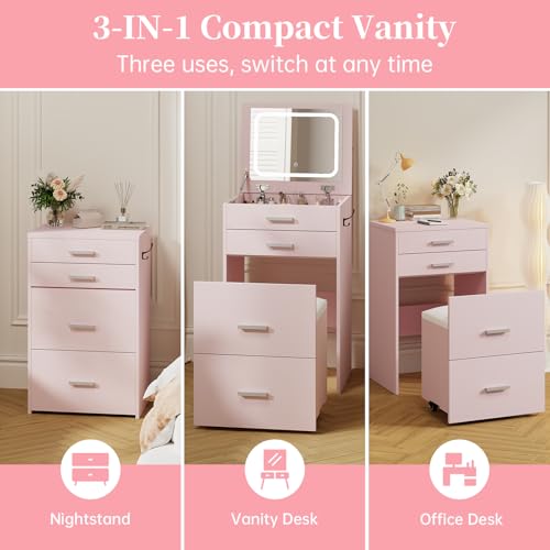 Compact Vanity with 3 Drawers, Makeup Desk with Lighted Mirror and Stool, White P76418