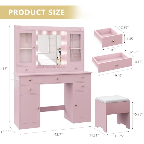 White Makeup Vanity Desk with Mirror, Lights, Storage Drawers & Chair D627