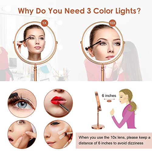 Lighted Makeup Mirror, Rechargeable Double Sided Magnifying Vanity Mirror, 3 Colors, 1x/10x F7514