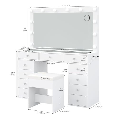 Vanity Desk with Power Outlet, LED Mirror, 11 Drawers and Chair, White H391193