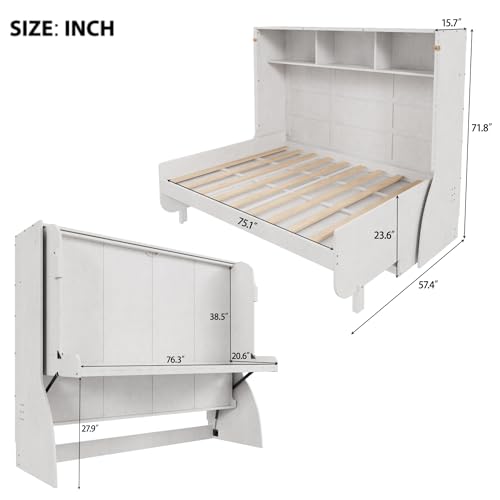 Antique White Solid Wood Full Size Murphy Bed with Desk and Storage Shelves Q958365