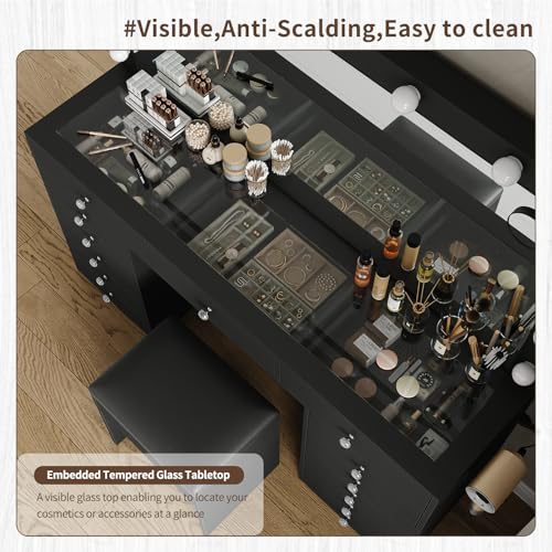 55" Vanity Desk with Charging Station and Lighted Mirror, Black Z765