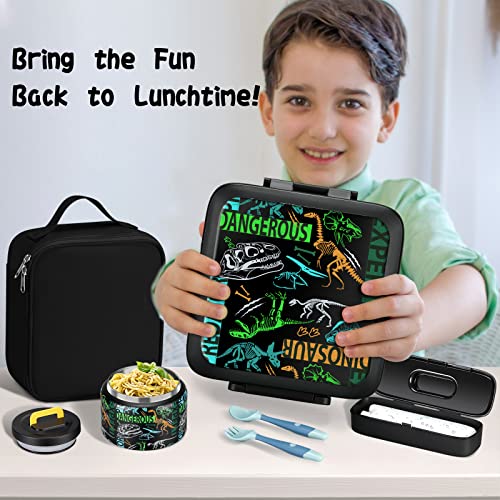Bento Lunch Box for Kids with 5 Compartments and Thermos, Blue Dinosaur G749