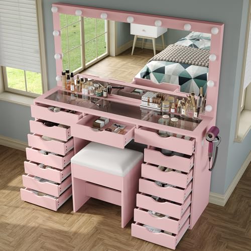 White Vanity Desk with Mirror, Lights, Charging Station and Chair C61521