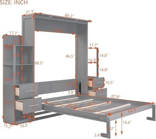 MERITLINE Queen Murphy Bed with Storage Drawers, LED Lights and Shelves, Grey P714