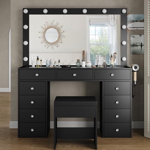 Vanity Desk with Power Outlet, LED Mirror, 11 Drawers and Chair, White H391193