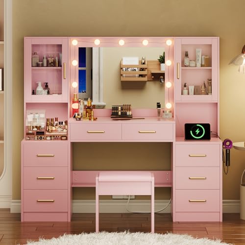 White Makeup Vanity Desk with Charging Station and Lights K58637