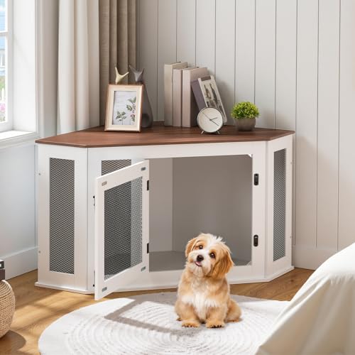 Corner Dog Crate Furniture Wooden Kennel End Table for Small Medium Dogs Greige and Black V3428
