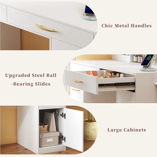 White Vanity Desk with Large Mirror and Lights I322