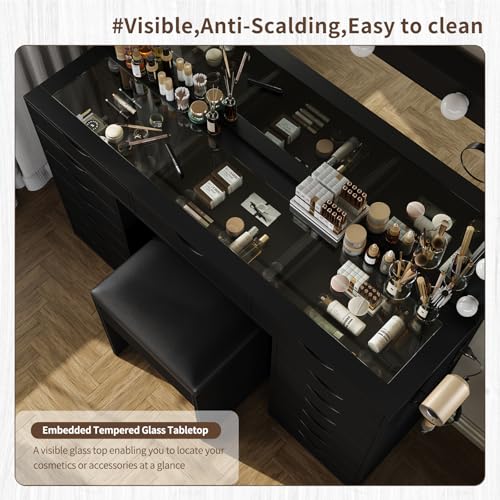 White Vanity Desk with Mirror, Lights, Charging Station and Chair C61521