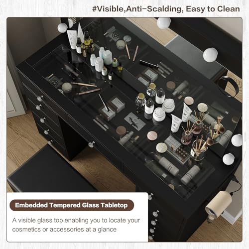 Vanity Desk with Power Outlet, LED Mirror, 11 Drawers and Chair, White H391193