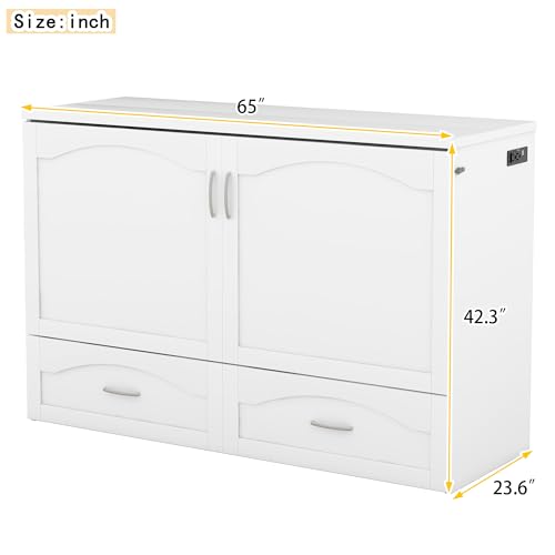 Queen Size Murphy Wall Bed with Storage and Bookcase Headboard, Solid Wood, White F901