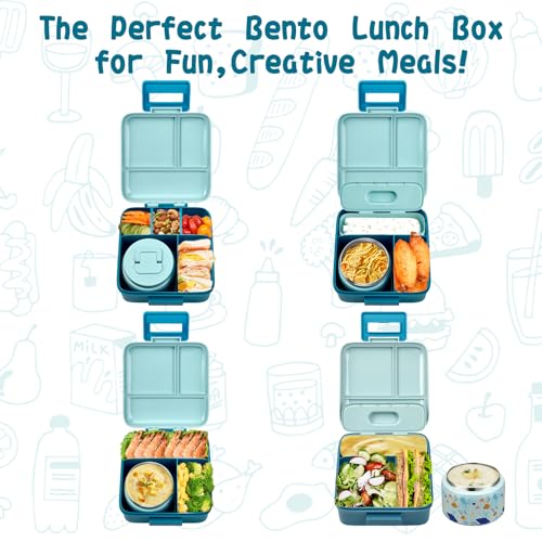 Bento Lunch Box for Kids with 5 Compartments and Thermos, Blue Dinosaur G749
