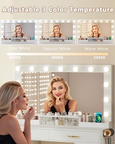 White Vanity Desk with Lights and Large Mirror F430