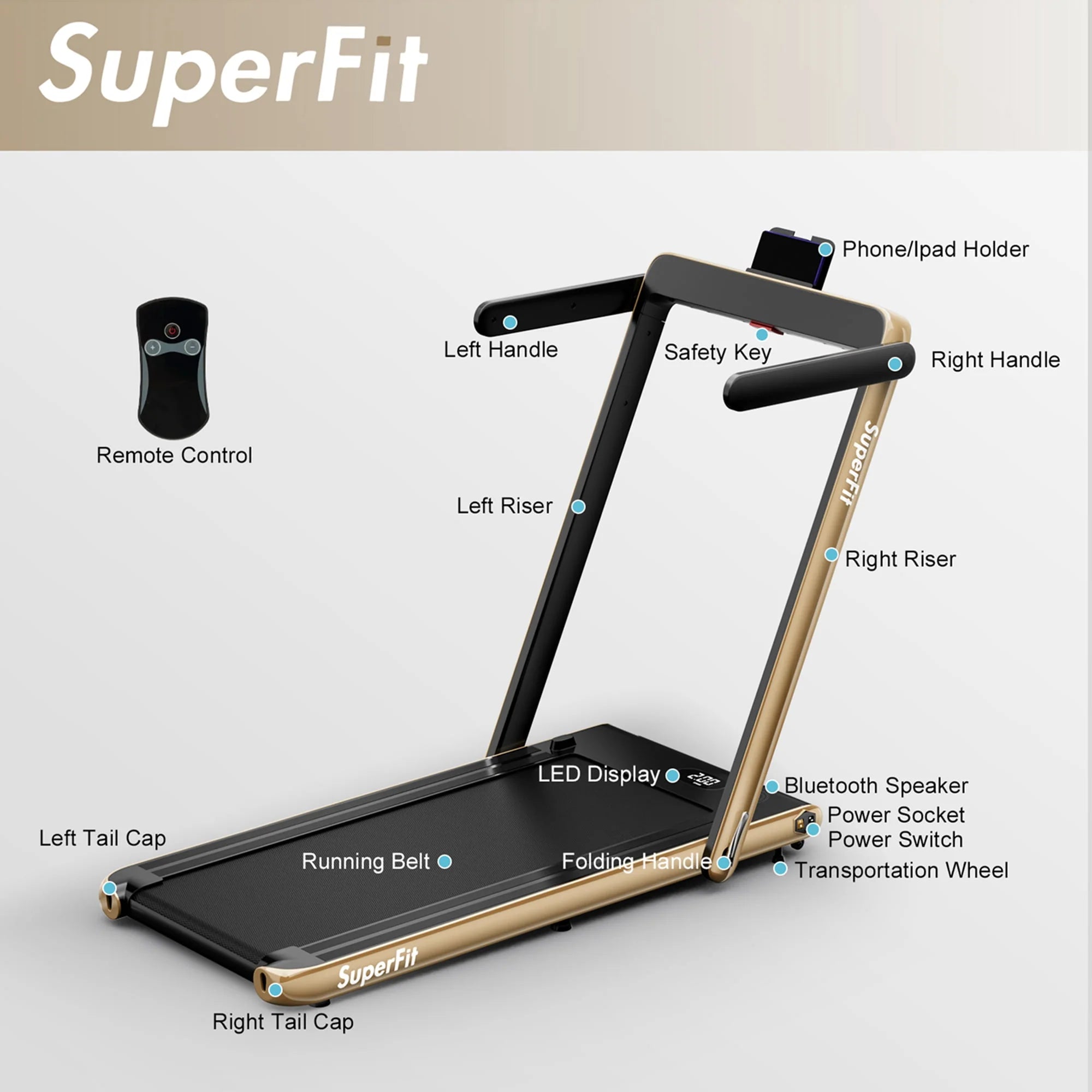 SuperFit 2 in 1 Folding Treadmill with APP Control Speaker Black D991